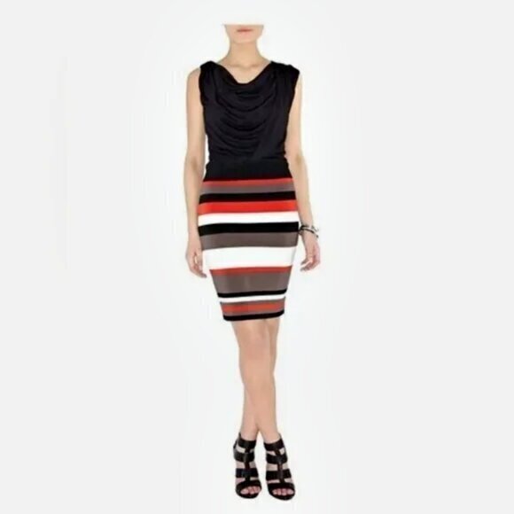 Karen Millen Multi Colored Striped Drape Neck Top Sheath Midi Dress - Picture 1 of 10